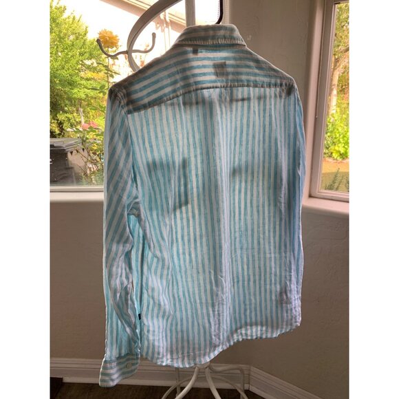 Mens Hugo Boss Blue Stripe 100% Linen Button-Up Sport Shirt M EUC 8881 Vacay - Picture 10 of 10
